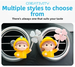 Close-up of cute cartoon car air vent ornaments with little yellow raincoat figures