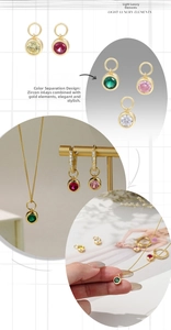 Detailed close-up of colorful round zircon pendants with 925 silver gold-plated settings