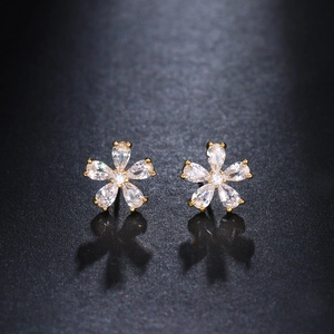 Elegant Copper Flower Stud Earrings With Rhinestone Inlay 925 Sterling Silver Post Gold Floral Earrings For Women Daily Jewelry