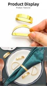 Close-up of modern gold metal D-shaped and rectangular napkin rings on a dinner table