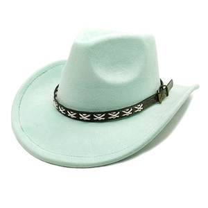 Detail of mint green suede cowboy hat with black leather band and white cross stitching