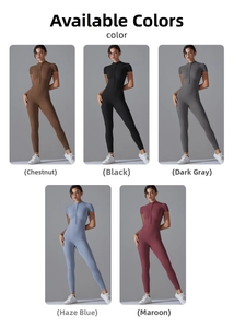 Detail view of high elastic sports jumpsuit in chestnut, black, gray, blue and wine red