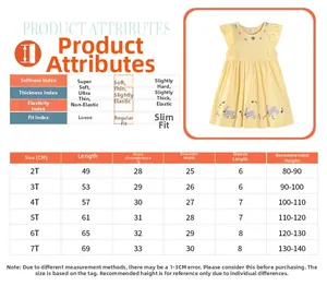 Detailed size chart for girls' embroidered dress with measurements for ages 2T to 7T