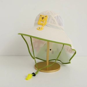 Detail of kids sun hat with breathable mesh, bear logo, and whistle on windproof rope