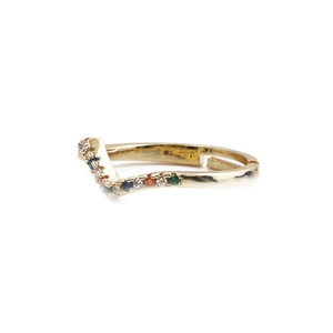 Minimalist wave gold ring with rainbow cubic zirconia stones and adjustable opening