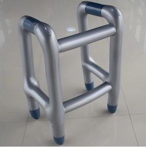 Detailed view of silver inflatable walker prop with blue grips for costume party fun