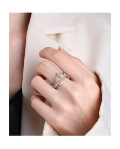 Detail showing double-layer S925 silver cross ring with pavé zircons on model finger