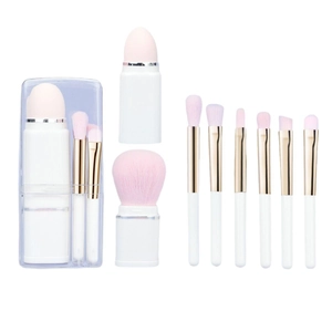 8-in-1 portable pink and white makeup brush set with powder brush and storage box