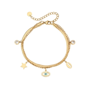Detail of gold double-layered titanium steel bracelet with evil eye and star charms
