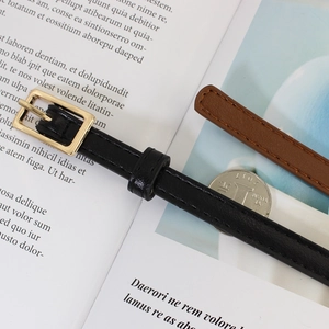 Elegant skinny leather belts for women in black and brown with golden square buckle detail
