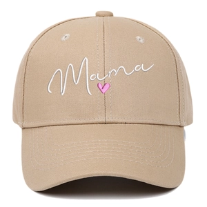 Khaki cotton baseball cap featuring white Mama embroidery and a small pink heart detail