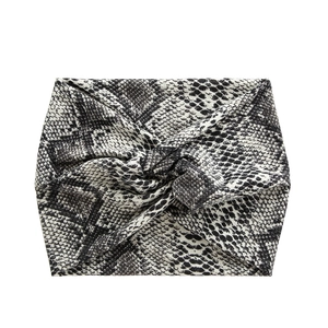 Bohemian 18cm wide snake skin print knot headband in grey and black elastic fabric