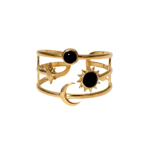 Adjustable celestial stainless steel ring with sun, moon, and star black enamel motifs