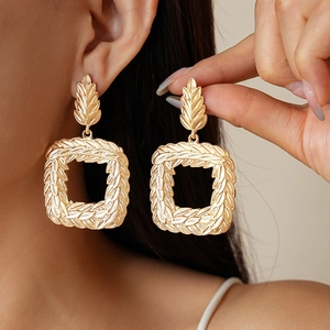 Square Hollow Drop Earrings Alloy Metal Wheat Texture Geometric With 925 Sterling Silver Earring Post For Women Vintage