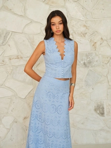 Women's 2-piece light blue eyelet lace set with sleeveless crop top and matching skirt