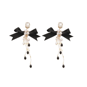 Elegant bow knot tassel earrings with white pearls and black water drop beads