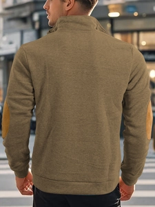 Rear view of brown casual sweatshirt with yellow suede elbow patches for men