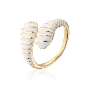 Macro view of geometric spiral ring featuring 18K gold plating and white enamel finish