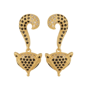 Detail of leopard head earrings with micro-pave crystals and polished gold finish