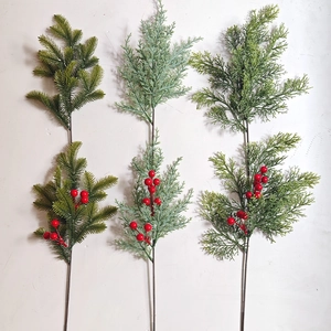 Artificial Christmas Pine Needle Branches With Red Berries Frosted Greenery Stems For Holiday Home Floral Decor Accessory