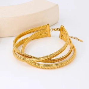 Three-layer gold striped stainless steel collar necklace with a spiral texture finish