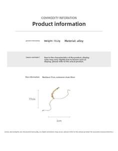 Detailed view of gold sequins fringe necklace showing dimensions 77cm and 10.2g weight