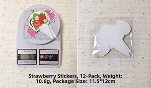 Detailed view showing 12-piece strawberry cake toppers with weight and packaging size