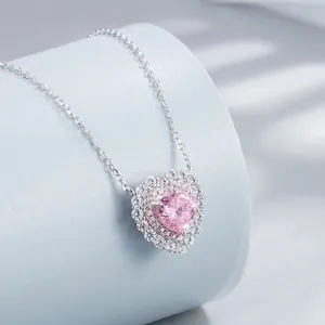 925 Sterling Silver Heart Pendant Necklace For Women Sparkling Rhinestone Inlaid Elegant Fashion Jewelry Pink Yellow Valentine Gift