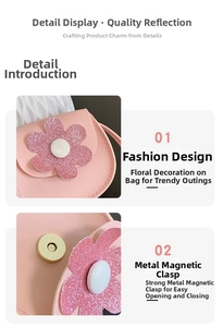 Detailed view of kids' pink floral bag showing leather texture and magnetic snap closure