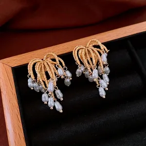 18k gold plated fringe earrings with baroque pearls in an elegant wooden box