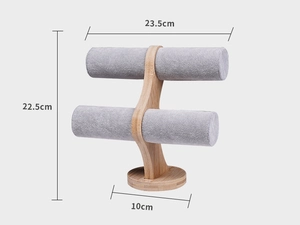 Detailed size specifications for 2-tier bamboo and gray velvet jewelry display stand