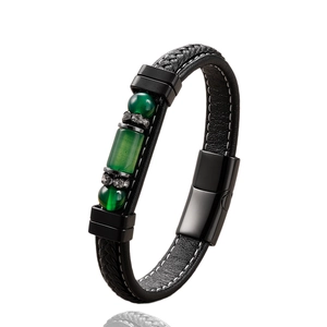 Men's hand-woven black leather bracelet with green stones and black magnetic buckle