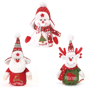 Christmas plush drawstring candy bags with Santa, snowman and reindeer designs