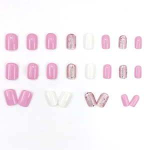 Pink and white short press-on nails with purple glitter fragments, 24 piece set