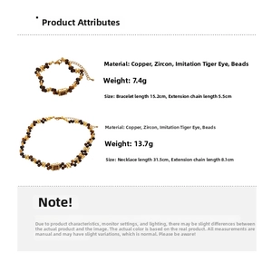 Detailed size and weight specs for the faux tiger eye beaded necklace and bracelet set