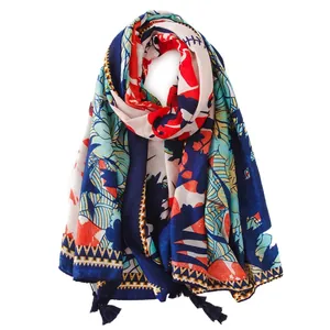 Châle de protection solaire à imprimé floral bohème avec glands pour femmes en lin