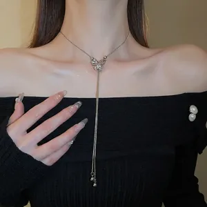 Elegant Silver Butterfly Tassel Necklace For Women Adjustable Snake Bone Chain With Alloy Rhinestone Pendant Luxury Style