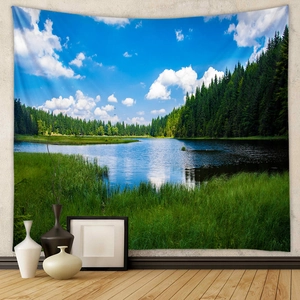 Detail of bohemian nature tapestry showing mountain forest lake scenery on a wall