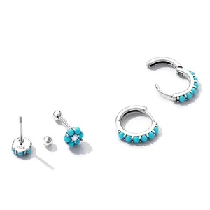 925 Sterling Silver Turquoise Flower Stud and Hoop Earring Set with Zircon Accents
