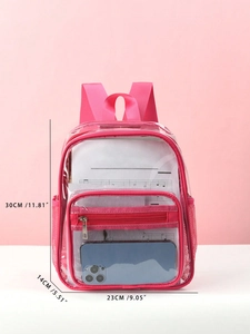 Detailed size chart for pink PVC transparent backpack with dimensions 30x23x14 cm
