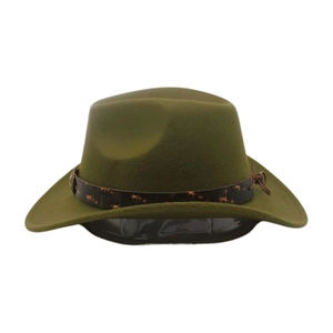Detail of olive green wool fedora hat featuring a vintage leather band and metal rivets