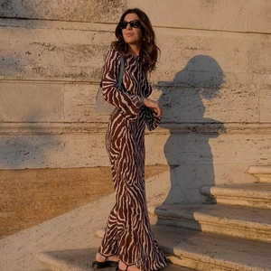 Close-up of bohemian brown zebra print dress with sheer fabric and chic long sleeves