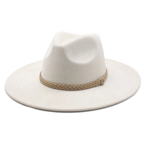 Detailed top view of off-white wide brim felt fedora with khaki woven band detail
