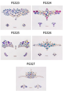 Detail view of five crystal face jewels with iridescent rhinestones and pearls