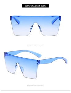 Close-up of oversized rimless blue gradient sunglasses with high-quality PC lenses