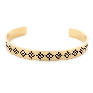 Polished gold stainless steel C-shape open bangle with black geometric diamond pattern