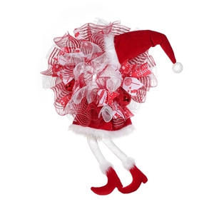 Creative Christmas elf leg wreath decoration with red mesh and plush boots on white background