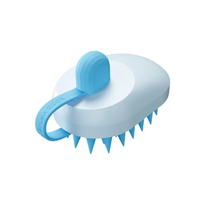 Ergonomic silicone scalp massager brush with blue bristles and handle for hair cleaning