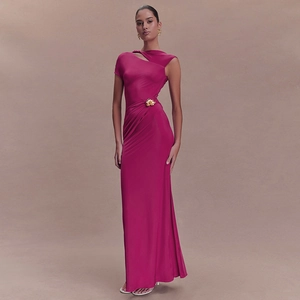 Elegant slim fit magenta maxi dress with cutout shoulder and gold floral detail