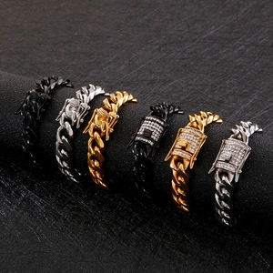 Cuban link bracelets for men in gold, silver, and black finish with rhinestone pavé inlay